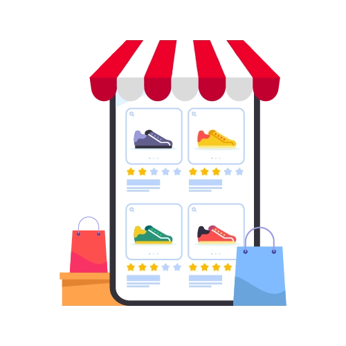 an image of a phone with the screen showing shoes with shopping bags around the phone