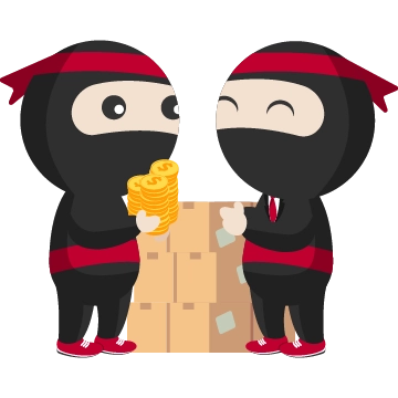 an image of Ninja Van's mascot, Ryo, as a customer and shipper in front of stacked parcels