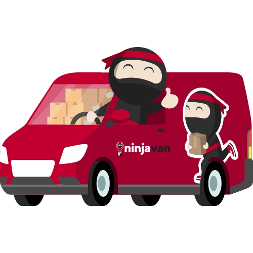 Ryo driving a Ninja Van's van full of parcels while happily while showing a thumbs up