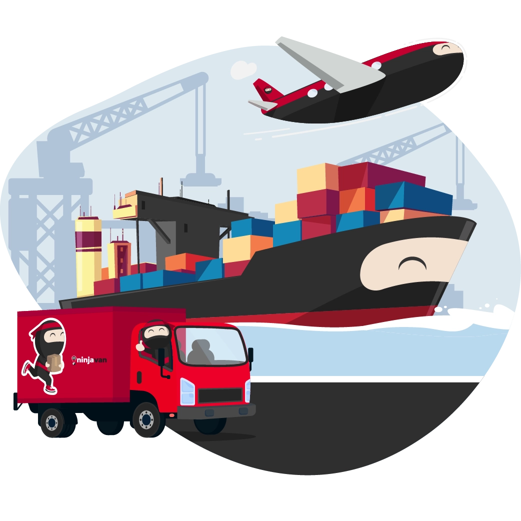 an image of Ninja Van's fleets through Land, Air, and Sea using lorry, container ship, and aeroplane, at the port for international shipping