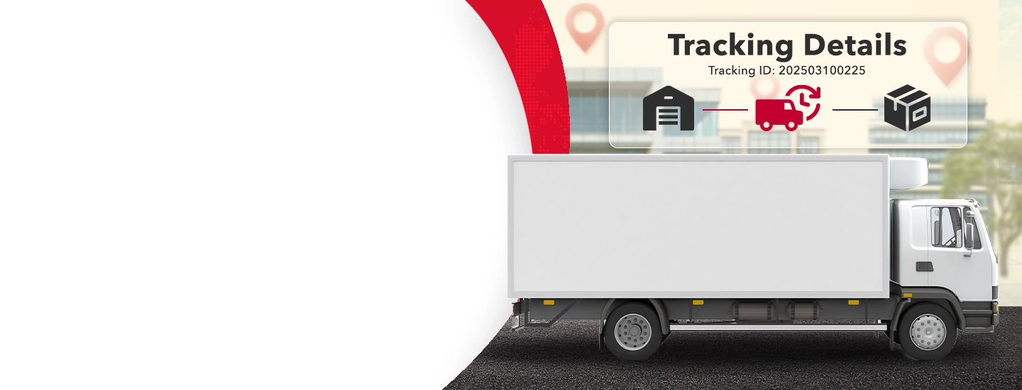 White truck with symbols of a Warehouse connected to a truck and connected to package. It is labelled "Tracking Details" on top.