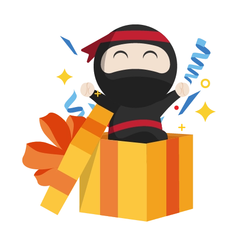 Ryo jumping out of a gift box celebrating getting rewards from the Ninja Rewards program