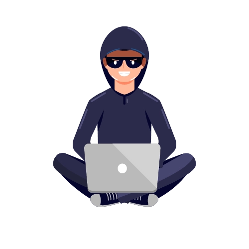 an image of a scammer sitting down holding a laptop with a grin on the face while scamming Ninja Van's customers