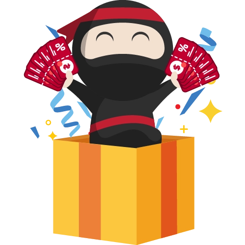 an image of Ryo, Ninja Van's mascot in a gift box, holding vouchers as part of Ninja Rewards