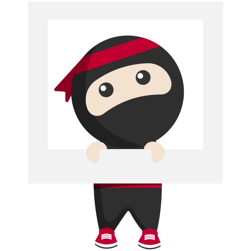 Ryo, the Ninja Van mascot standing behind a white picture frame